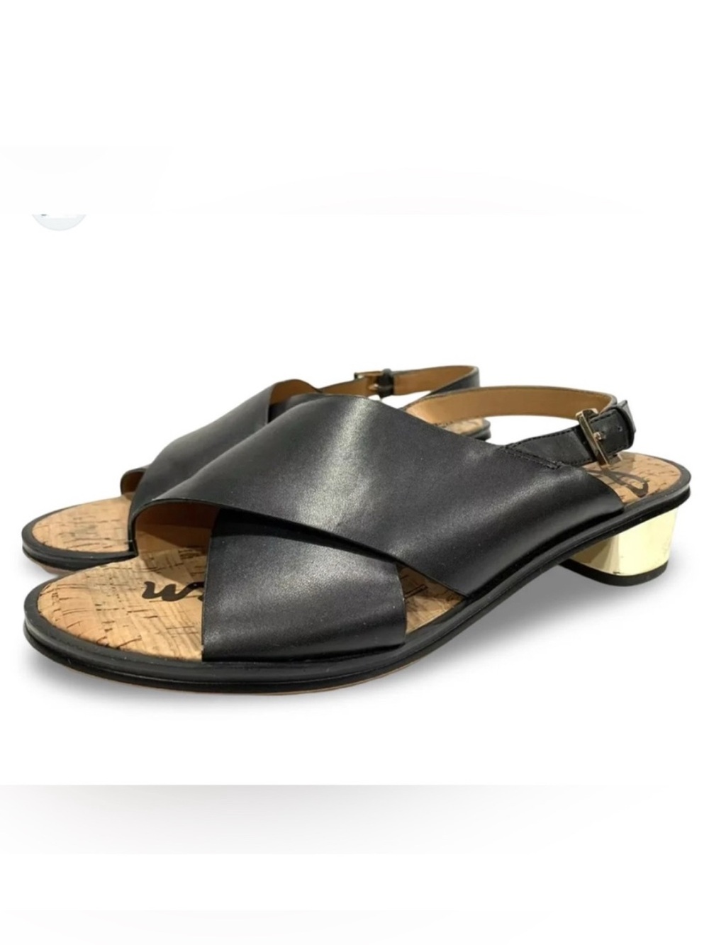 SAM EDELMAN Black Faux Leather Sandals with Gold Heels.